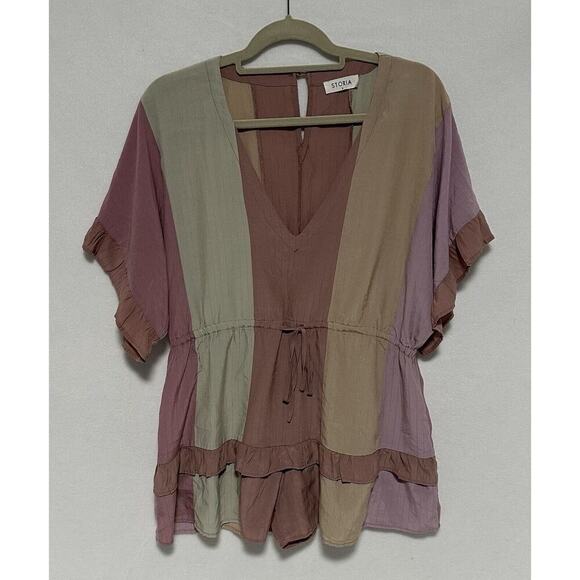 STORIA Flirty V-Neck Romper Small Drawstring Waist Ruffled Pastel Stripes EUC - Picture 1 of 6